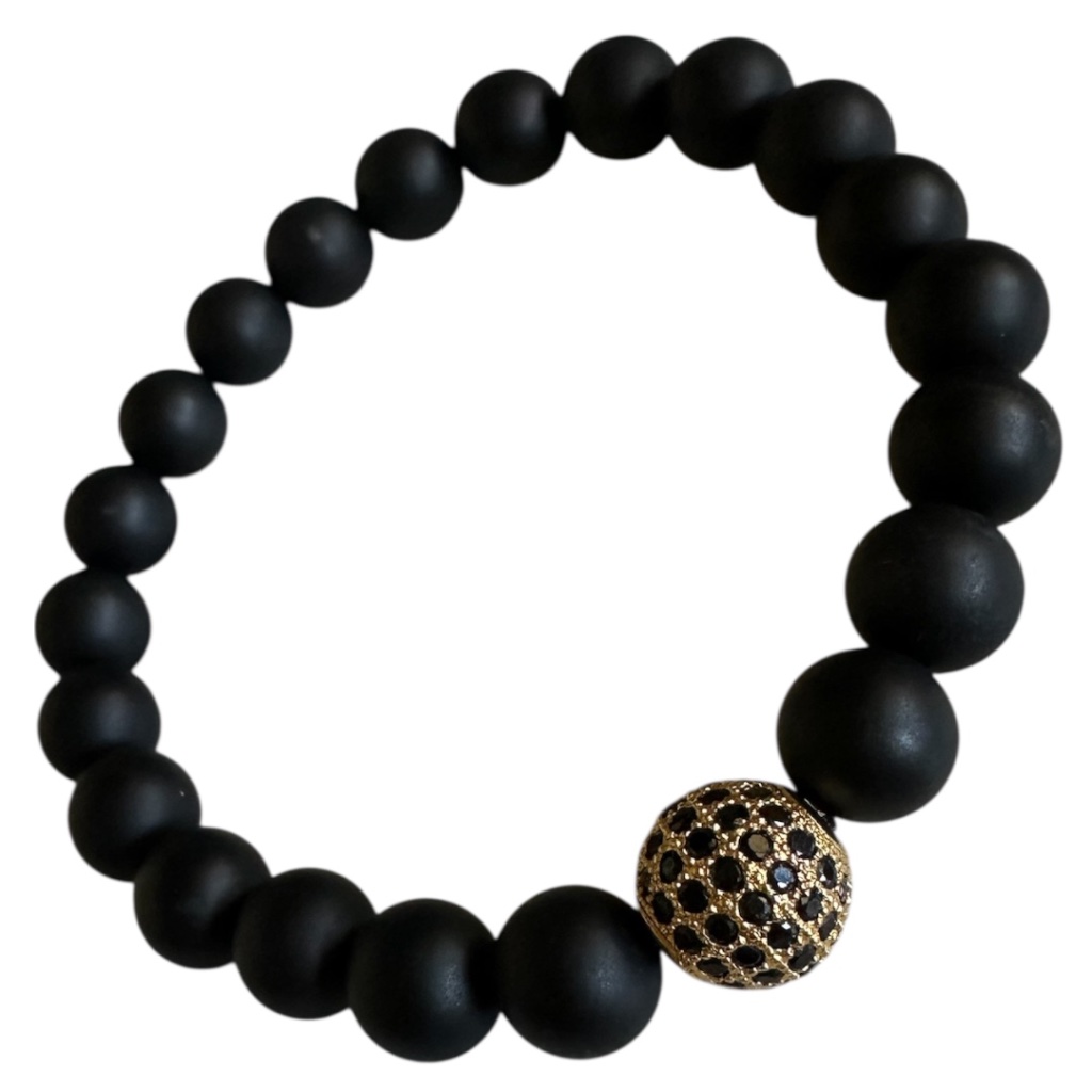 Matte Onyx Stretch Bracelet W Gold With Black Crystal Pave Ball Spacer 42$